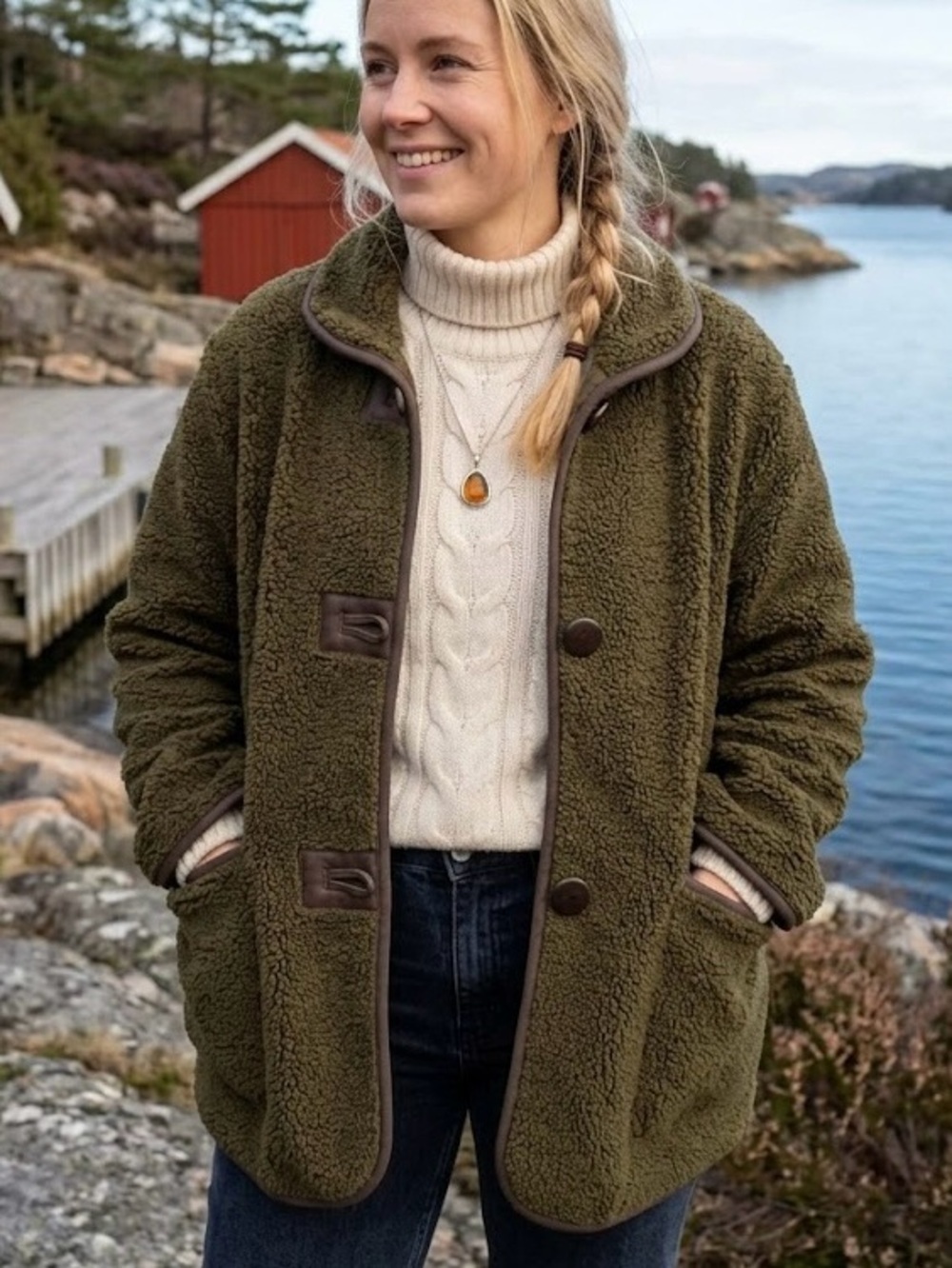 Max Studio London Olive Green Sherpa Fleece Teddy Jacket Gorpcore Faux Suede